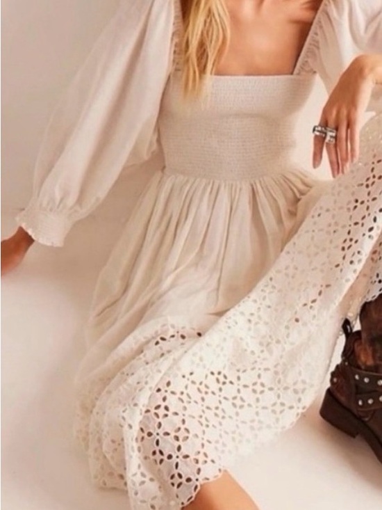 Free People Dresses & Skirts - Free People Cream Eyelet Midi Dress with Smocked Bodice